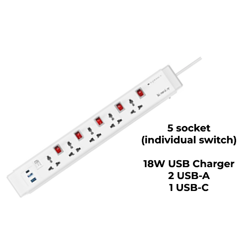 Huntkey PZC507 (5-Socket Individual Switch, 3 USB Charging Port) Surge Protect Strip